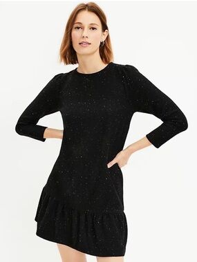 LOFT Speckled Knit Flounce Shift Dress Black Long Sleeve Ruffle Hem Large